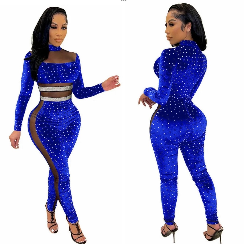 Royal Blue Rhinestone Cutout Velvet Jumpsuit